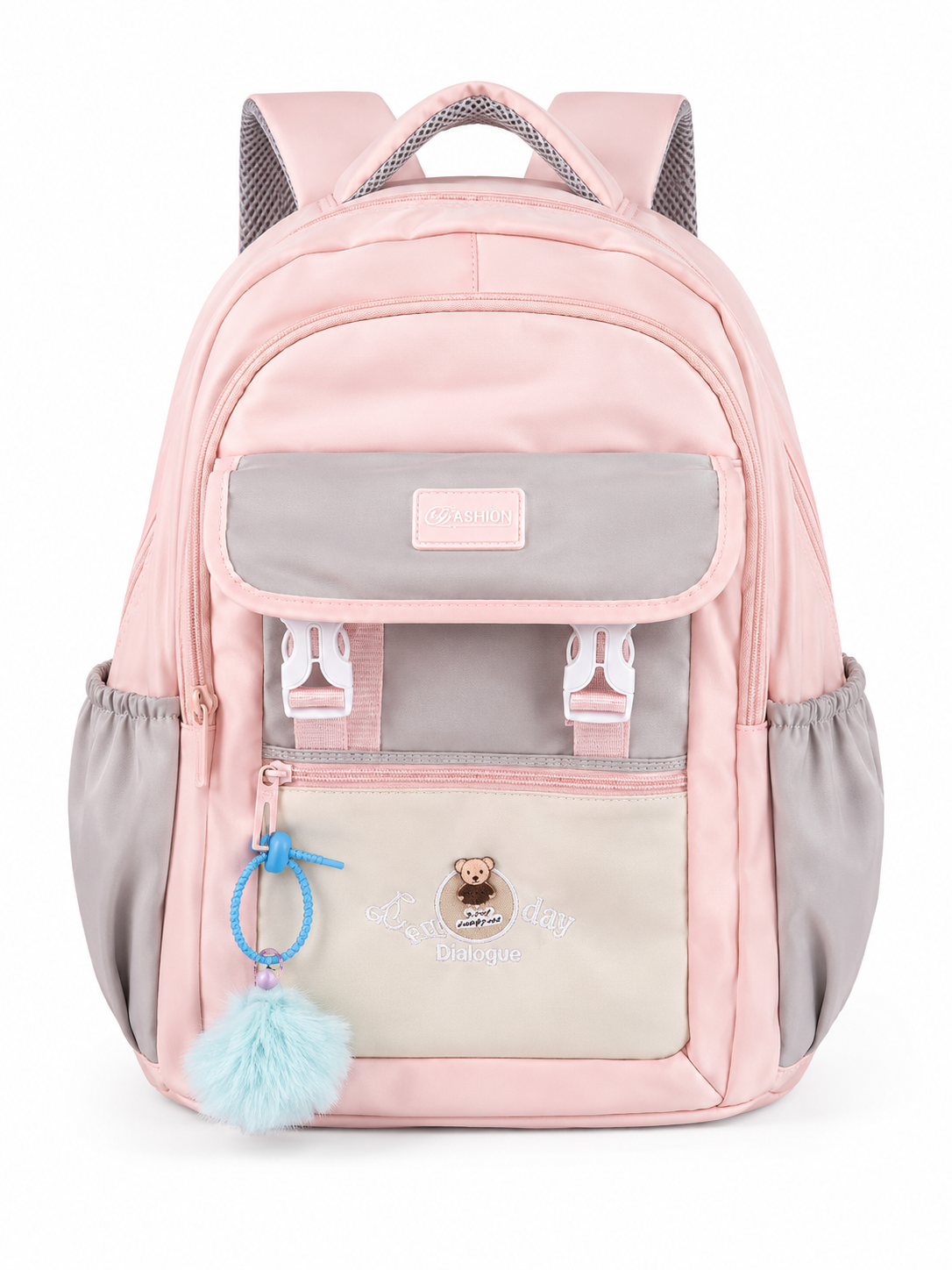 Large 7-Pocket Everyday Backpack with Pom-Pom Charm – Blush Pink, 53cm