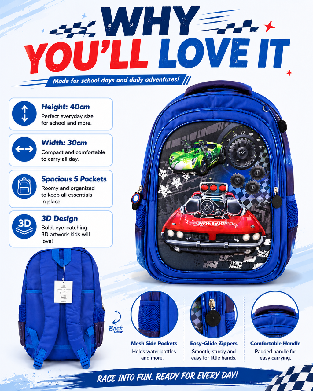 3D Racing Car School Backpack for Kids – Blue, 40cm