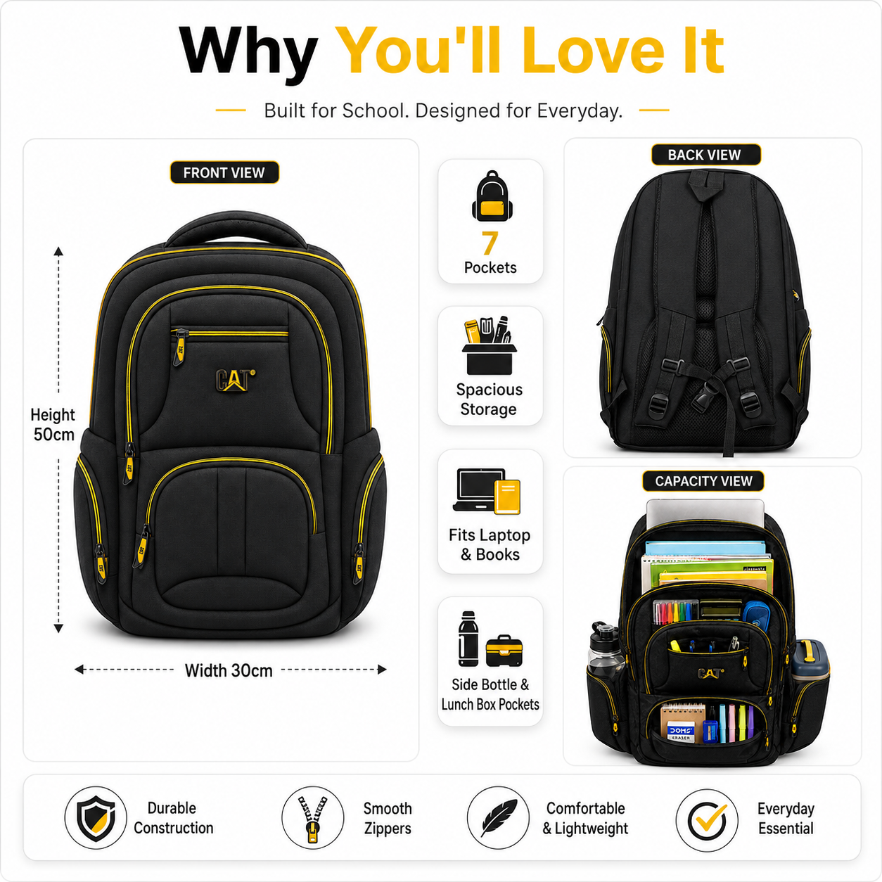 Black & Yellow Pro School Backpack – 7 Pocket Laptop & Books Bag