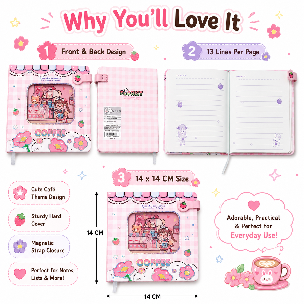 Café Bloom Magnetic Notebook – 14cm Cute To-Do List Diary