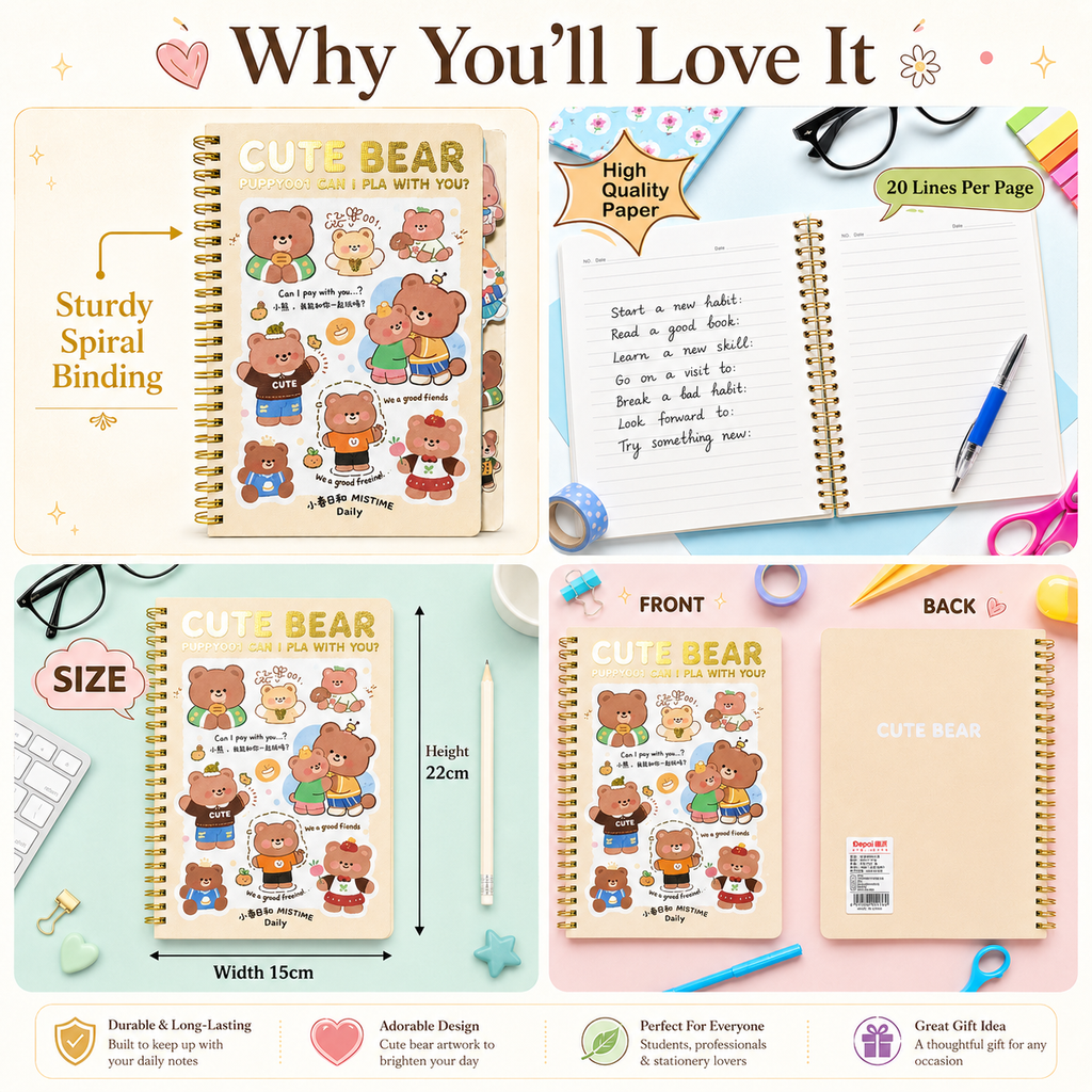 Cute Bear Spiral Notebook – Kawaii Bear Journal