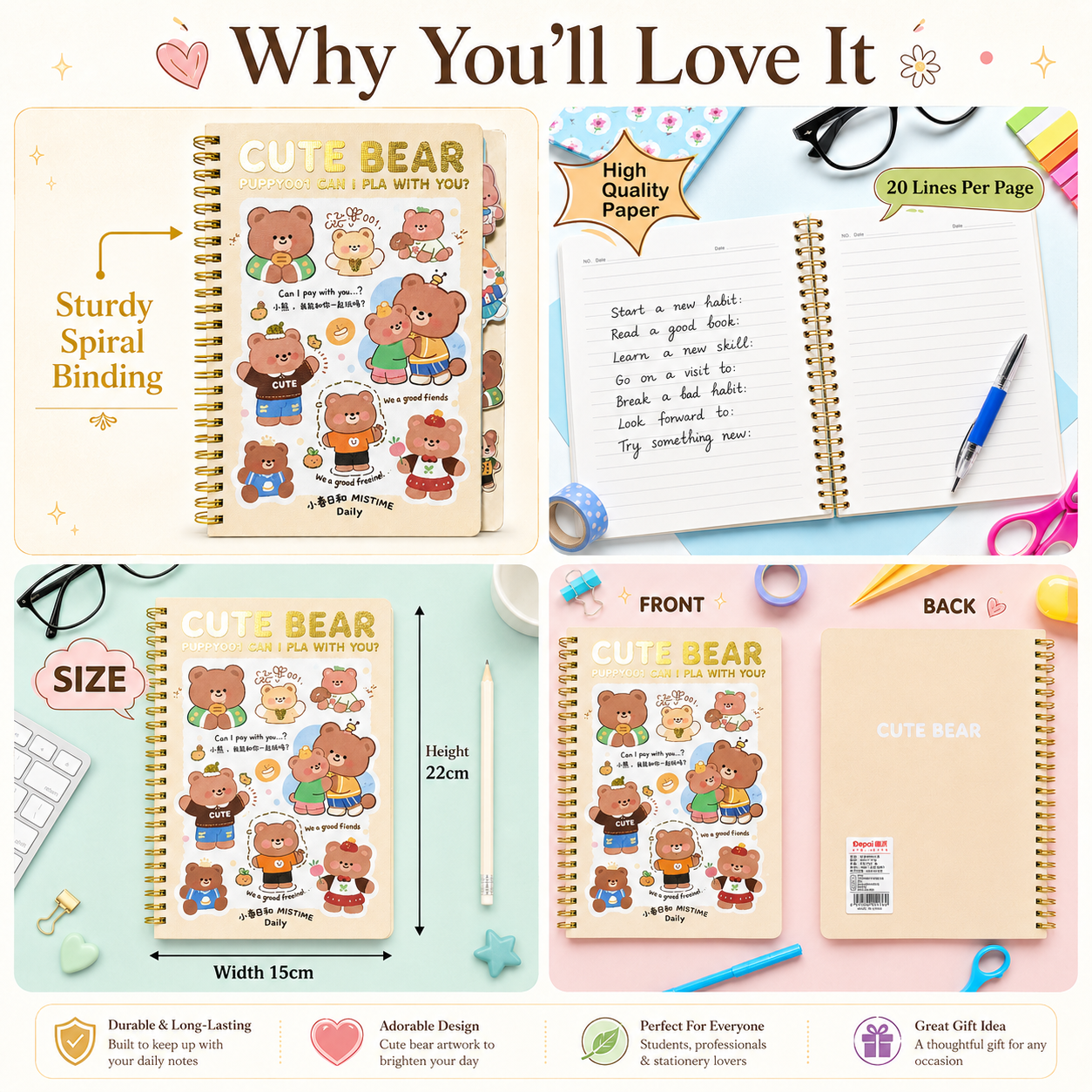 Cute Bear Spiral Notebook – Kawaii Bear Journal