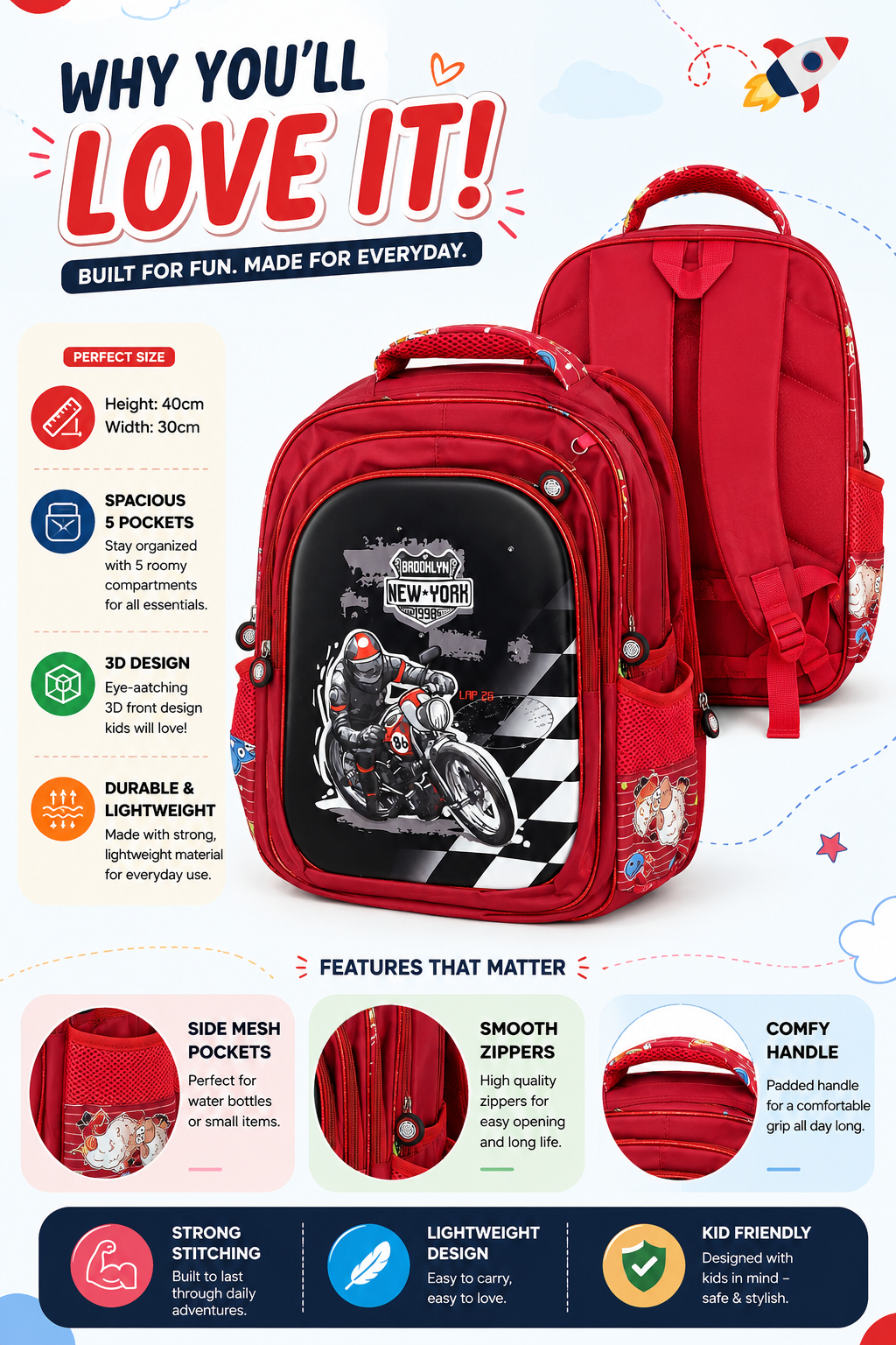 3D Motorcycle Racing School Backpack for Kids – Red, 40cm
