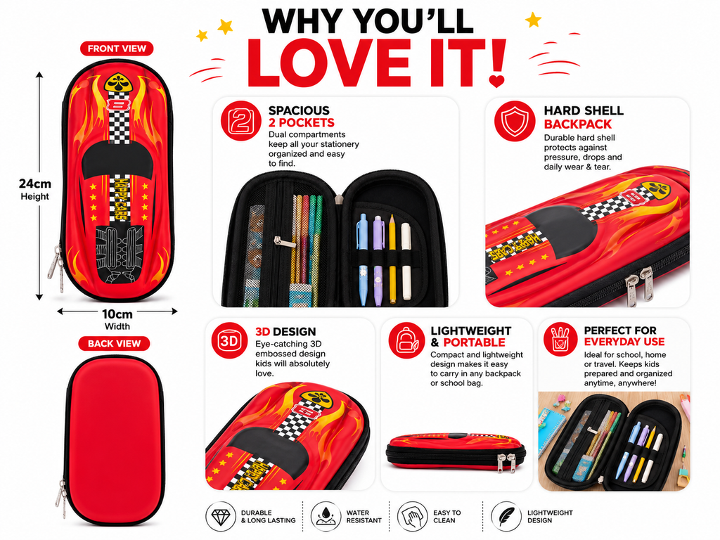 Blaze Racer 3D Hard-Shell Pencil Pouch – Red, 24cm