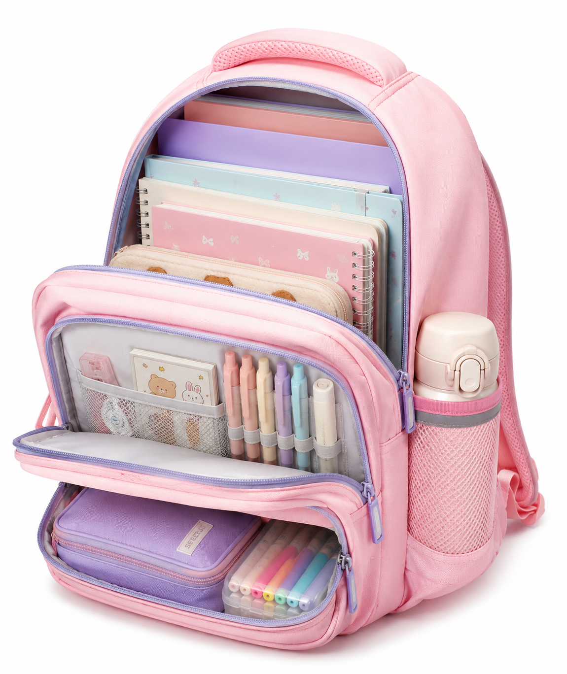 Pastel Pop 6-Pocket School Backpack – Pink & Lilac, 42cm