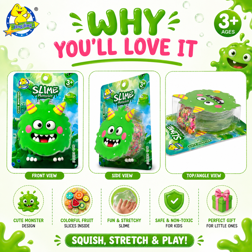 Cute Monster Slime Play Kit – Green Monster Stretchy Slime Toy with Fruit Charms