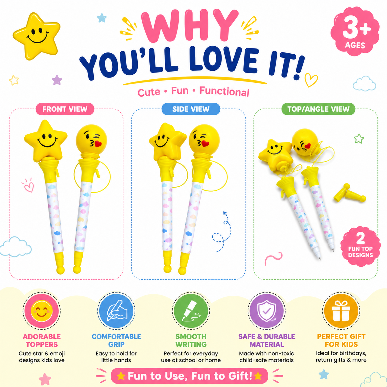 Smiley Star & Emoji Fun Pen – Cute Yellow Topper Pen for Kids