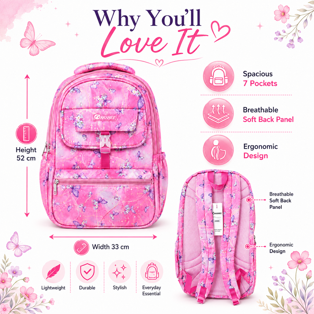Large 7-Pocket Butterfly Floral Backpack – Pink, 52cm