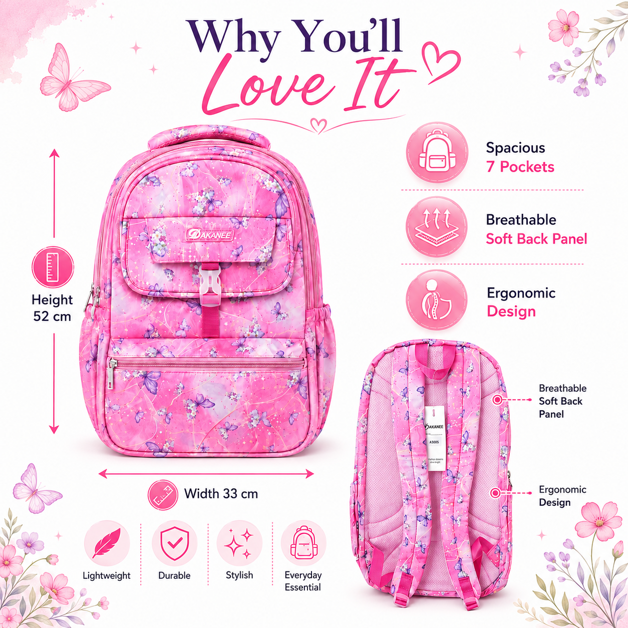 Large 7-Pocket Butterfly Floral Backpack – Pink, 52cm