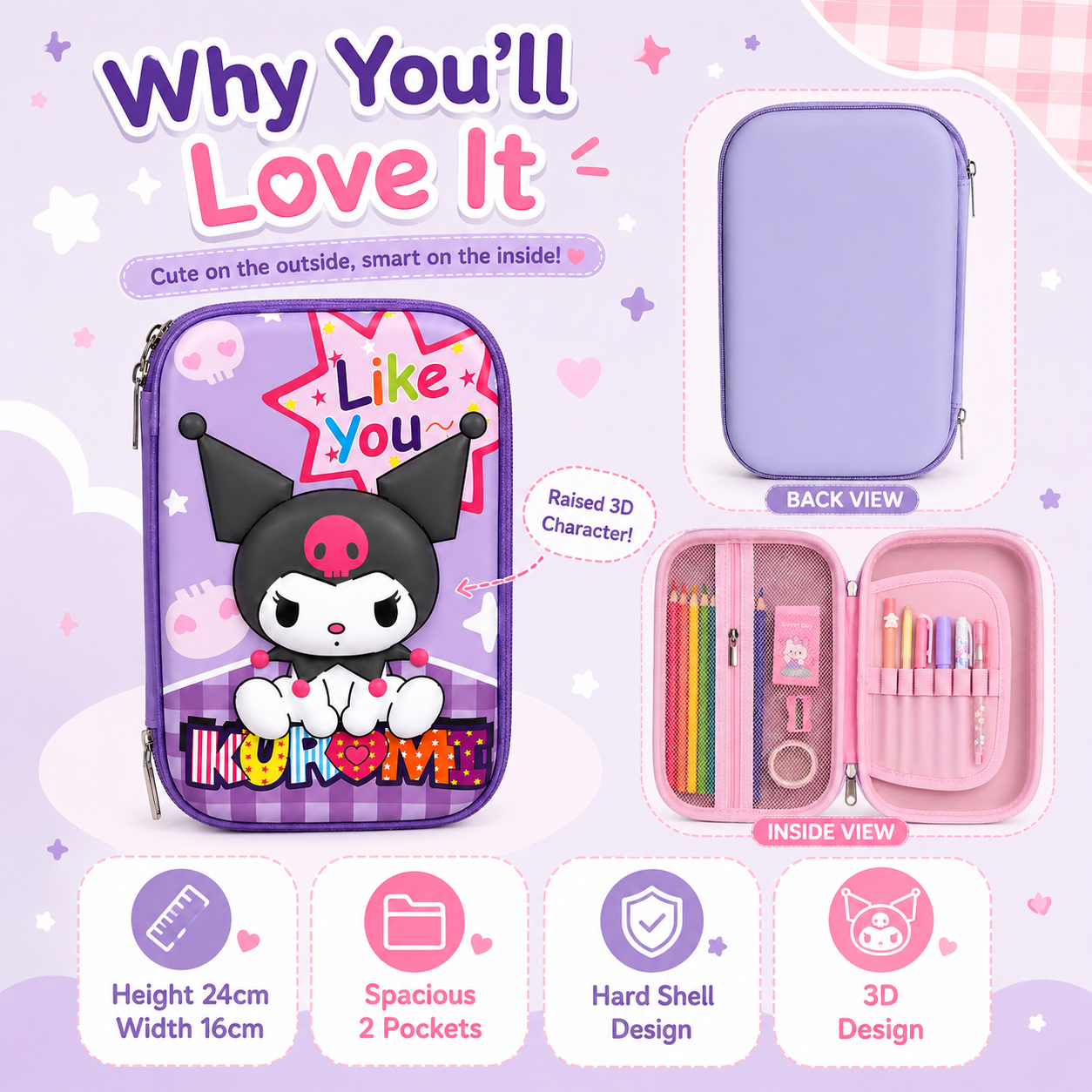 Kuromi Pop 3D Hard-Shell Pencil Pouch – Purple, 24cm