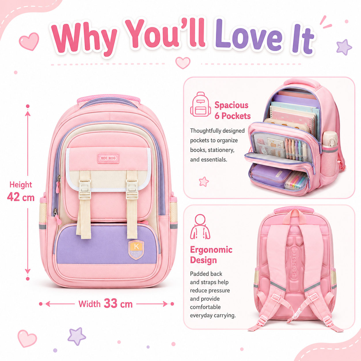 Pastel Pop 6-Pocket School Backpack – Pink & Lilac, 42cm
