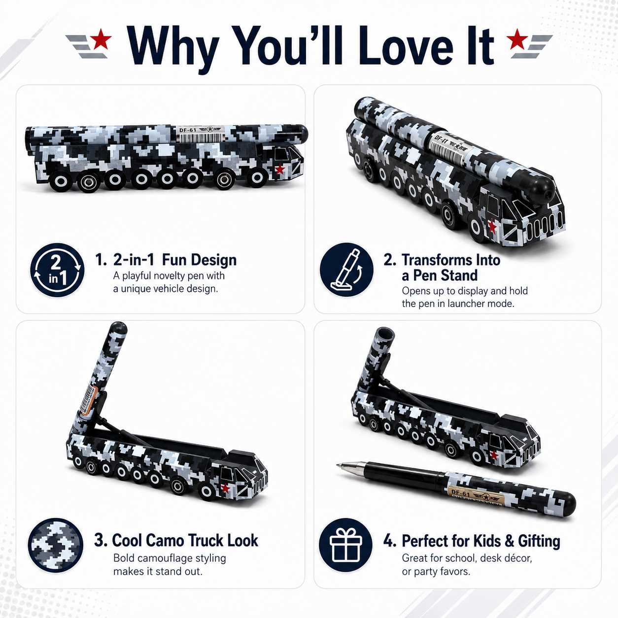 Camo Commander Truck Pen – 2-in-1 Military Truck Novelty Pen