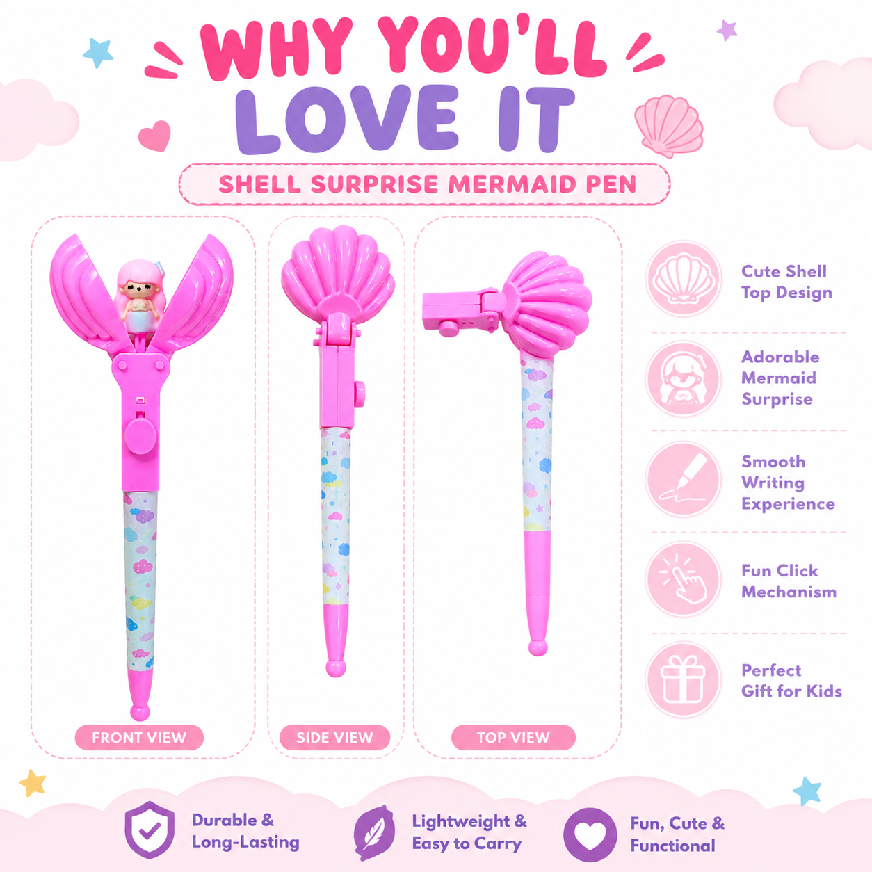 Shell Surprise Mermaid Pen – Cute Pink Shell Pop-Up Pen for Kids