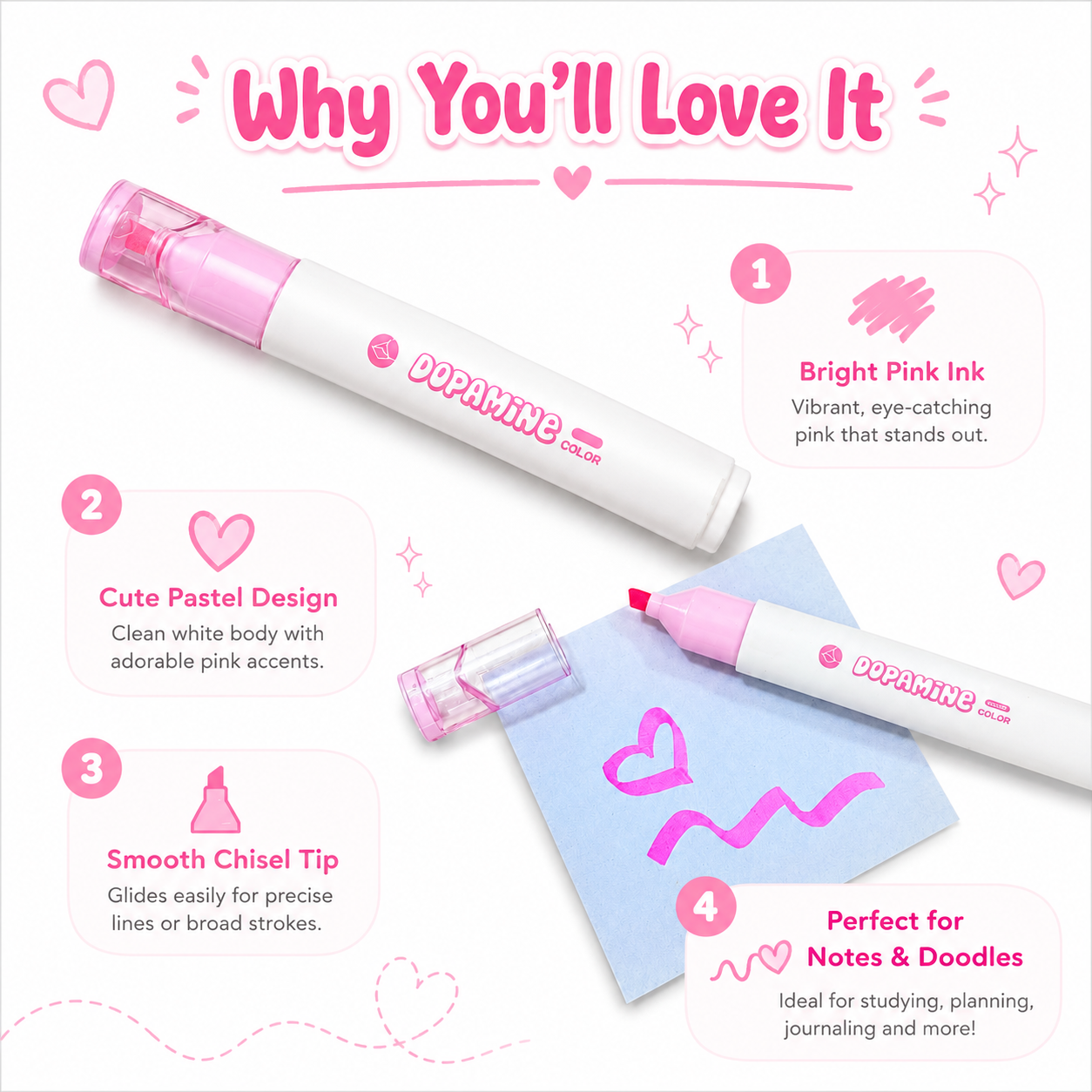 Dopamine Pink Highlighter – Cute Pastel Chisel Tip Marker for Notes & Doodles
