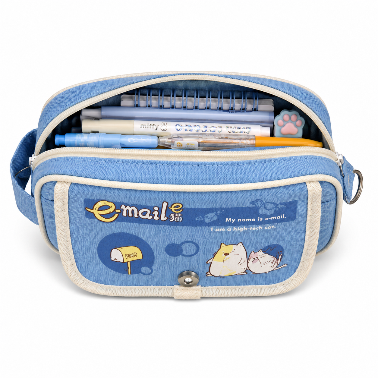 E-Mail Cat Pencil Case – Blue Multi-Pocket Stationery Organizer