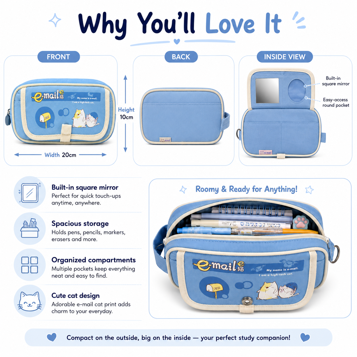 E-Mail Cat Pencil Case – Blue Multi-Pocket Stationery Organizer