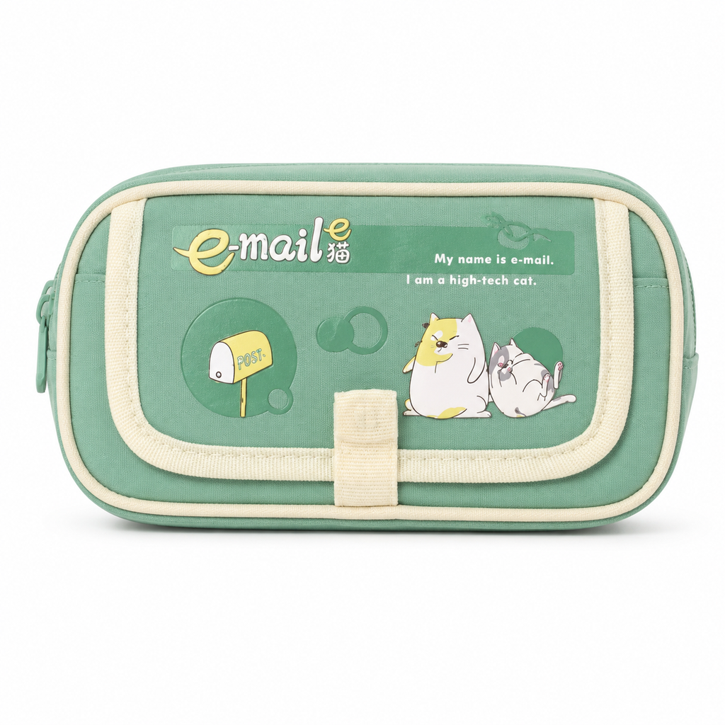 Mint E-Mail Cat Pencil Case – Cute Multi-Pocket Stationery Organizer