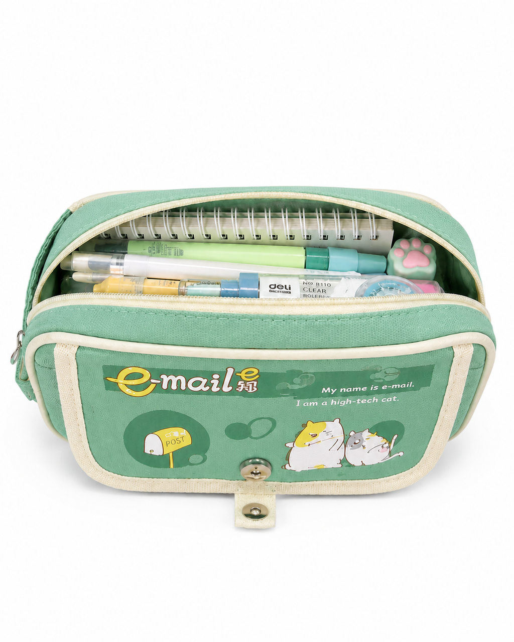 Mint E-Mail Cat Pencil Case – Cute Multi-Pocket Stationery Organizer