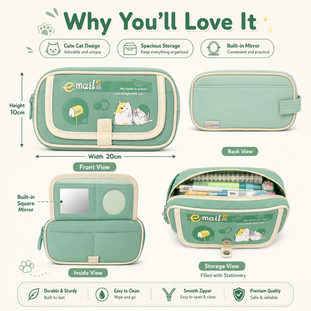 Mint E-Mail Cat Pencil Case – Cute Multi-Pocket Stationery Organizer