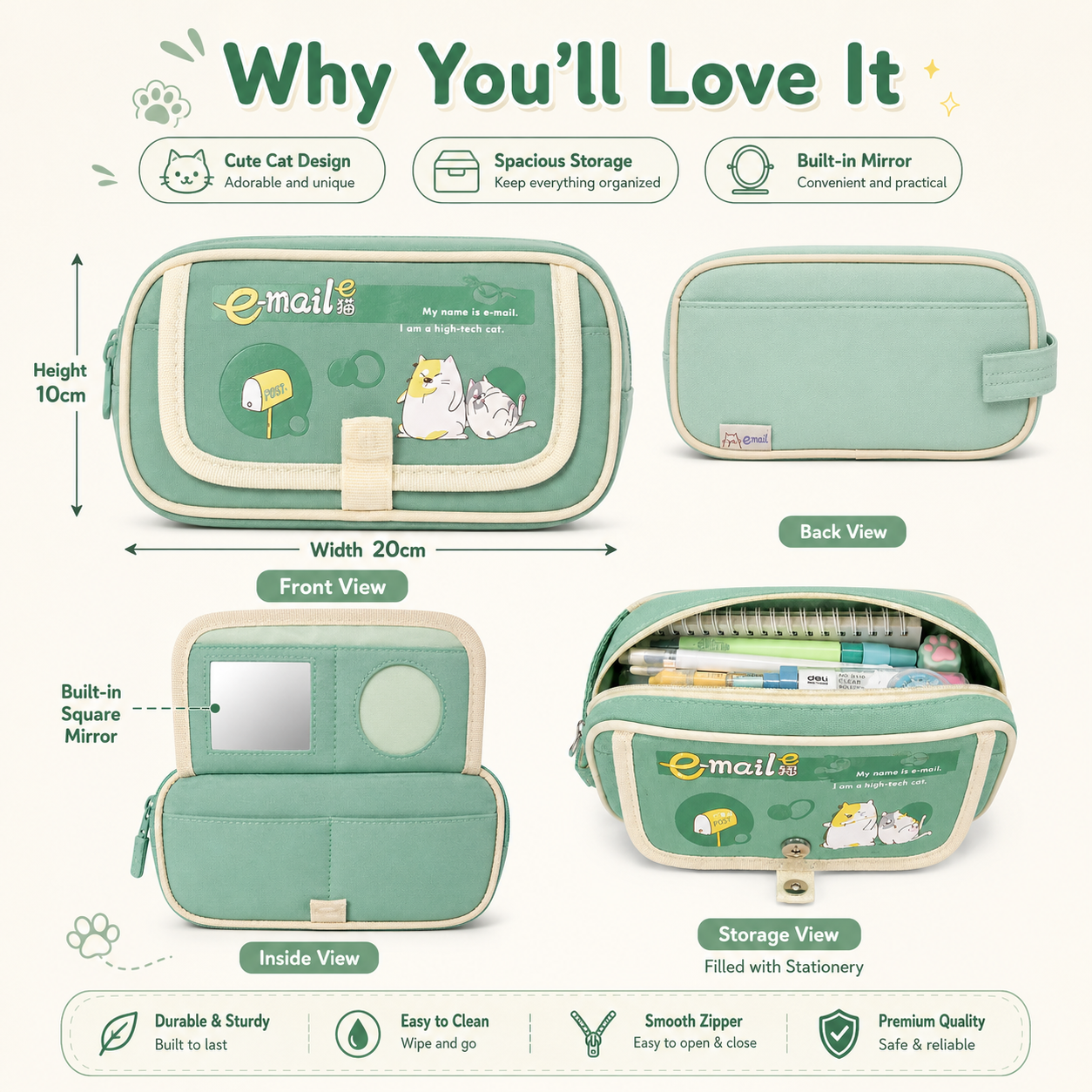 Mint E-Mail Cat Pencil Case – Cute Multi-Pocket Stationery Organizer
