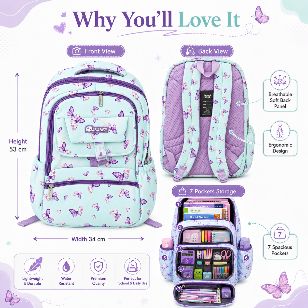 Large 7-Pocket Butterfly Floral Backpack – Mint Green, 53cm
