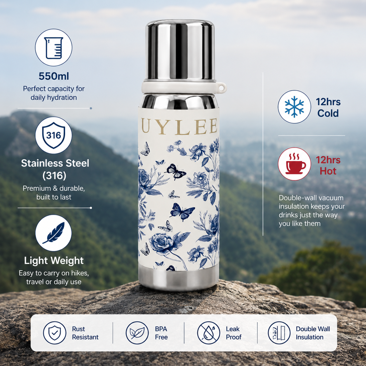 Floral Thermos Bottle | 550ml | 3 Colors