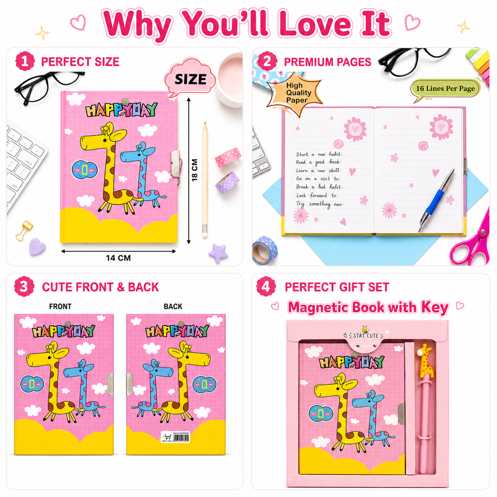 Happy Day Giraffe Magnetic Notebook with Key – Cute Secret Diary Set