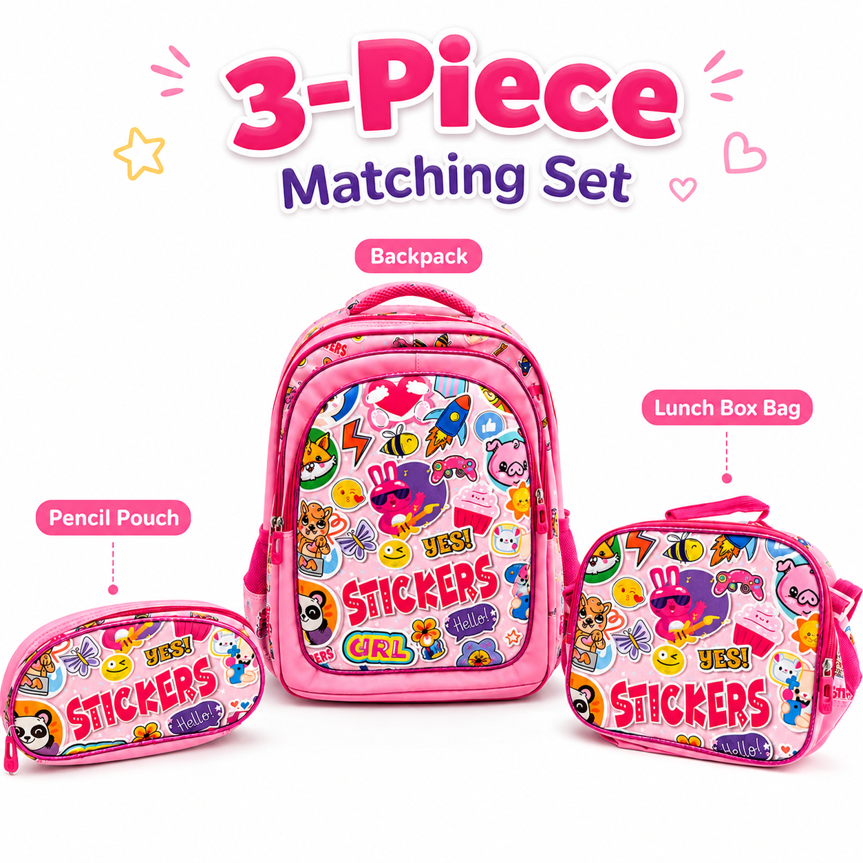 Stickers Girl School Backpack Set – 3 Piece (Backpack, Lunch Bag & Pencil Pouch) – 16 Inches