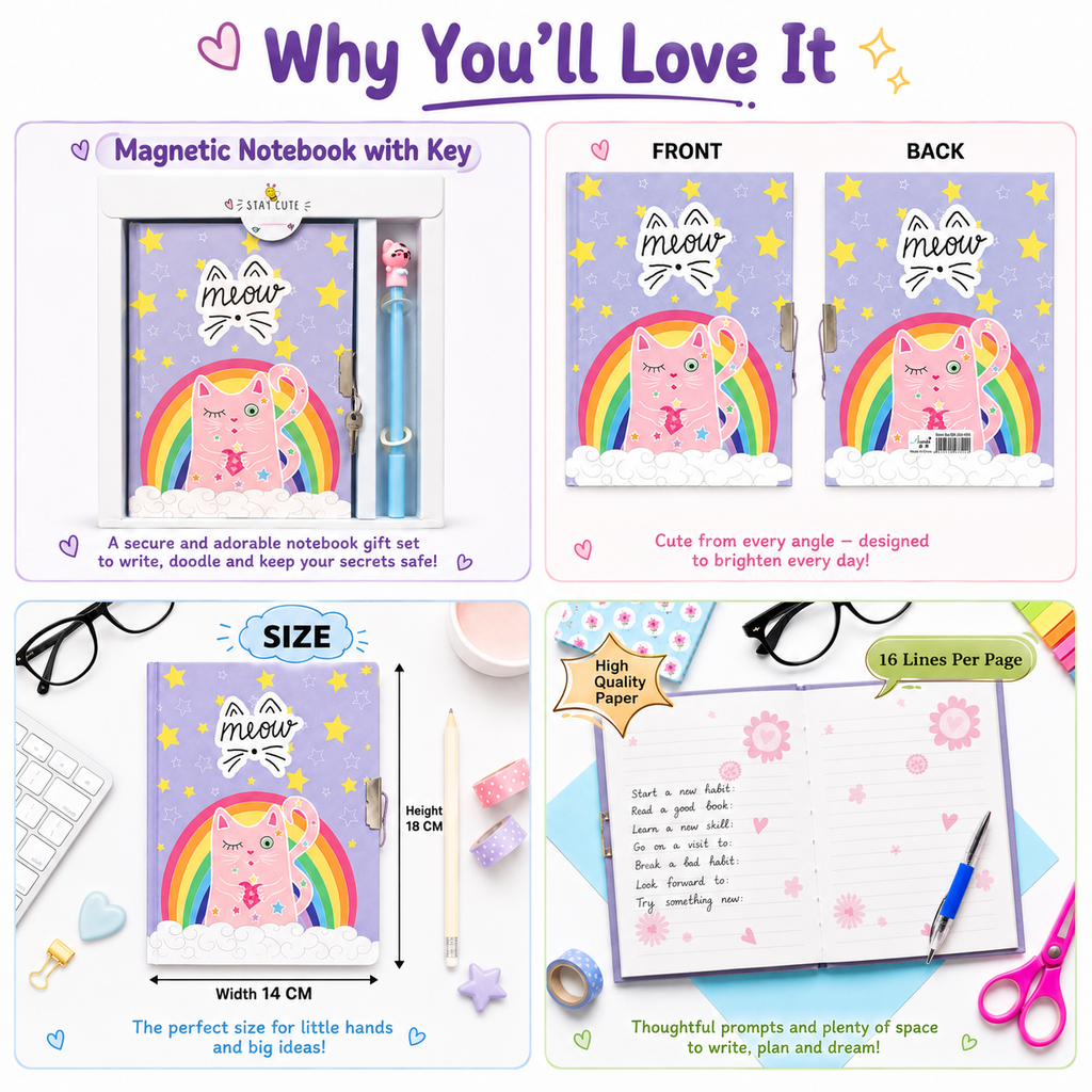 Meow Magic Magnetic Notebook with Key – Cute Cat Secret Diary