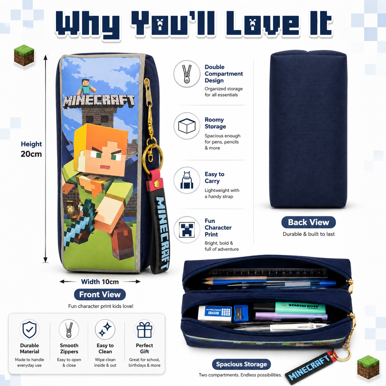 Minecraft Adventure Pencil Case – Dual-Zip Stationery Organizer