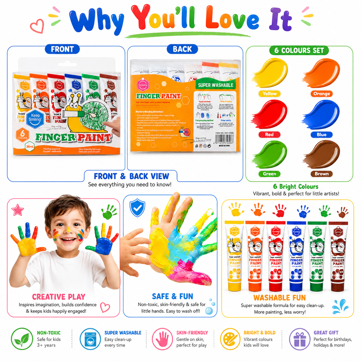 Little Artist Washable Finger Paint Set – 6 Colours Kids Paint Kit