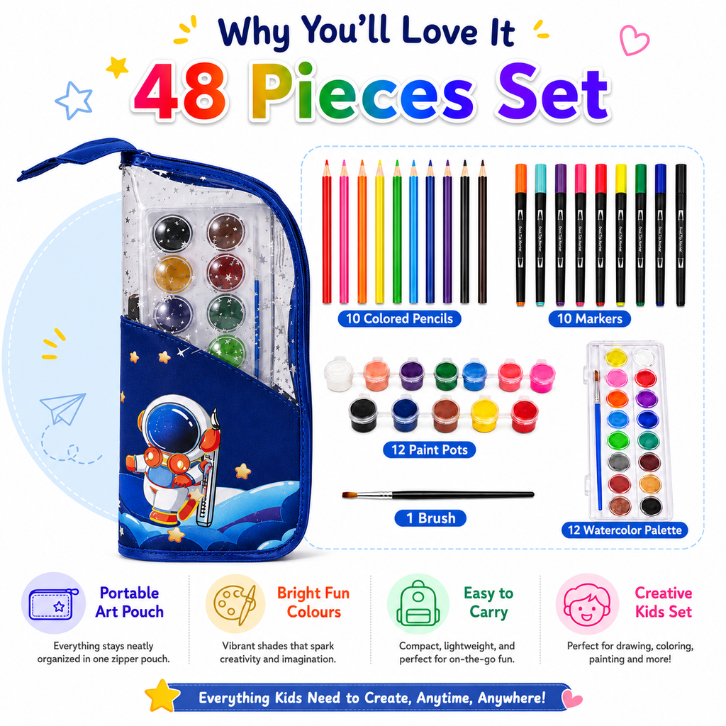 Space Explorer 48-Piece Kids Art Pouch Set