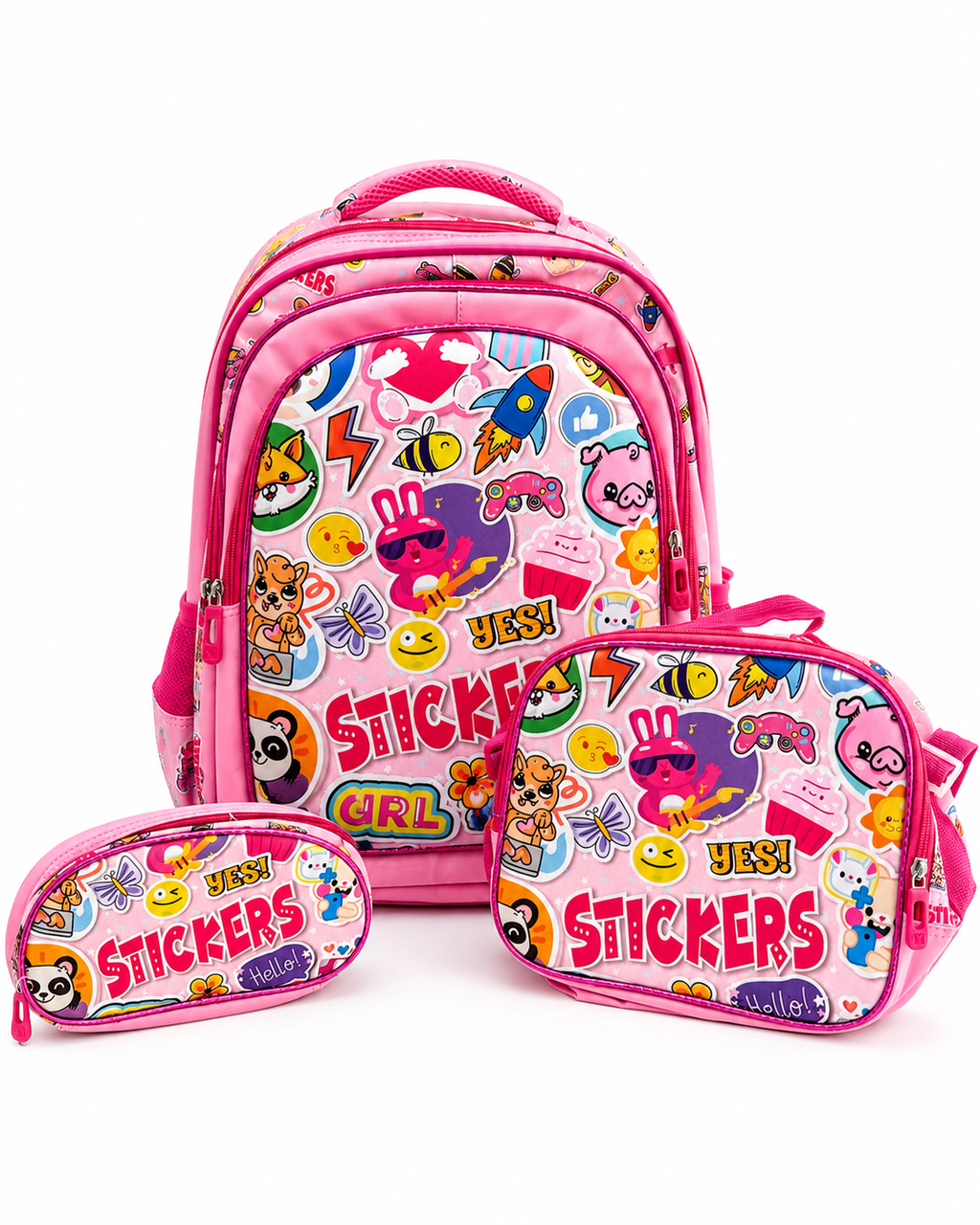 Stickers Girl School Backpack Set – 3 Piece (Backpack, Lunch Bag & Pencil Pouch) – 16 Inches