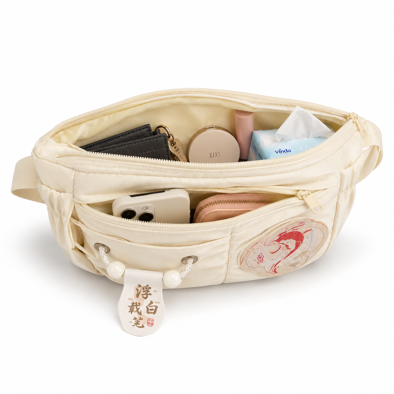 Koi Charm Fluffy Waist Bag – Cream Plush Crossbody Sling Bag