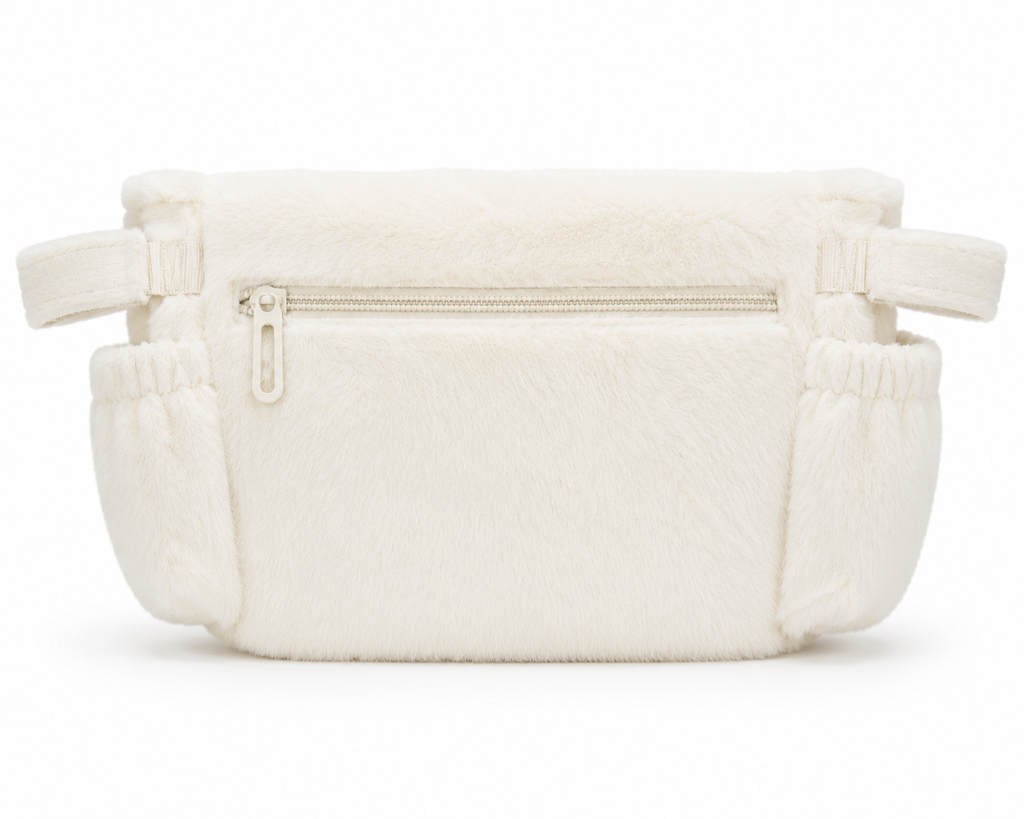 Koi Charm Fluffy Waist Bag – Cream Plush Crossbody Sling Bag