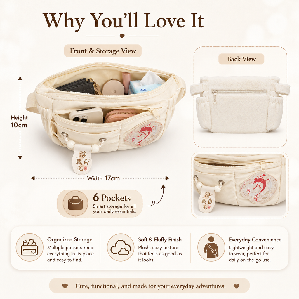 Koi Charm Fluffy Waist Bag – Cream Plush Crossbody Sling Bag