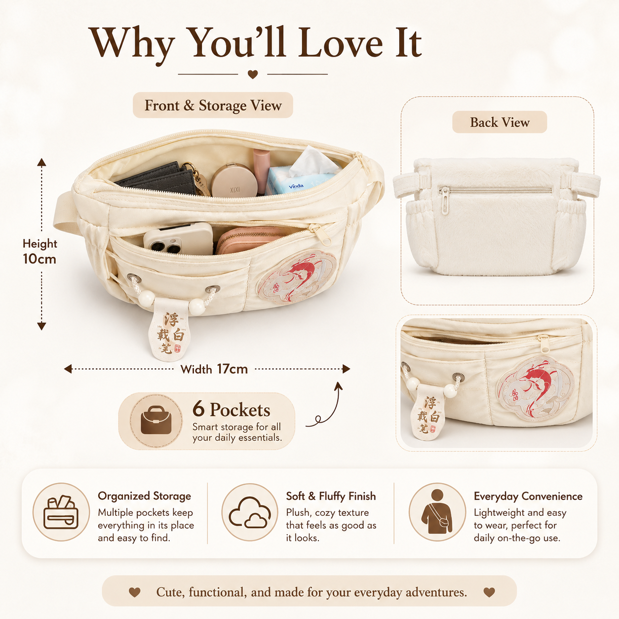 Koi Charm Fluffy Waist Bag – Cream Plush Crossbody Sling Bag