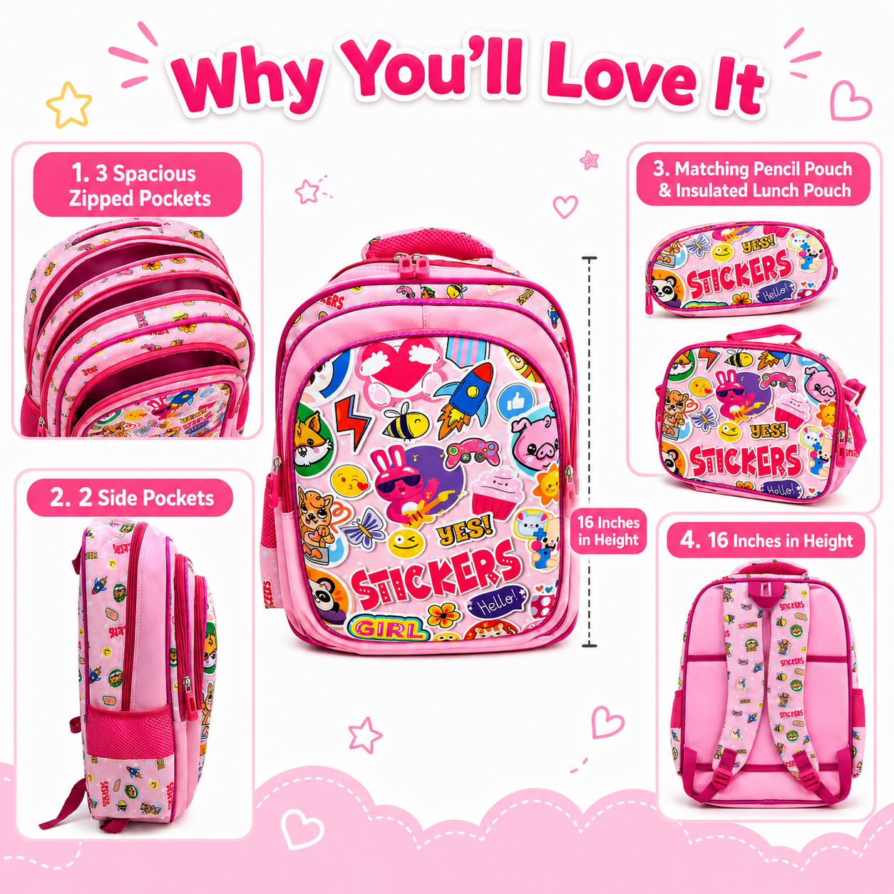 Stickers Girl School Backpack Set – 3 Piece (Backpack, Lunch Bag & Pencil Pouch) – 16 Inches