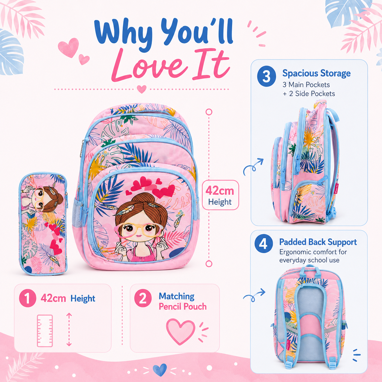 Chic Girl School Backpack | Pencil Pouch included | 16.5"/42cm